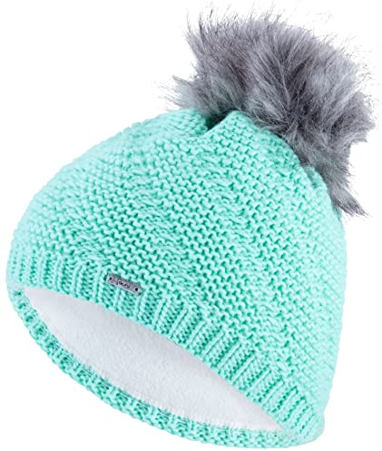 Faera Wintermütze Mütze Damen warm gefüttert Kunstfell Bommelmütze Fleecefutter Winter Herbst Strickmütze Beanie Mädchen 64, Farbe:Mint