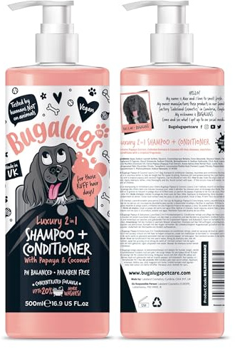 BUGALUGS Dog Shampoo and Conditioner with Luxury 2 in 1 Papaya & Coconut fragrance, professional puppy shampoo grooming products for smelly dogs