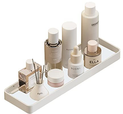 Biutimarden Duschablage Ohne Bohren Badregal Glasregal Wandbefestigung Badregal Rechteckiges 8MM Hartglas Selbstklebend Space Aluminum für Badezimmer Küche Badezimmer Zubehör 40CM Weiß