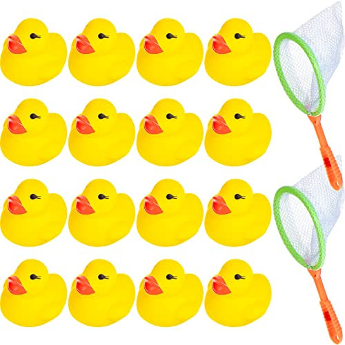 18 Pcs Set de Jouets de Bain Comprenant 16 Mini Canard Flottant Canard Jaune en Caoutchouc de Baignoire avec 2 Filet de Pêche Jouets de Piscine pour Cadeau de Douche Baignade Saint-Valentin