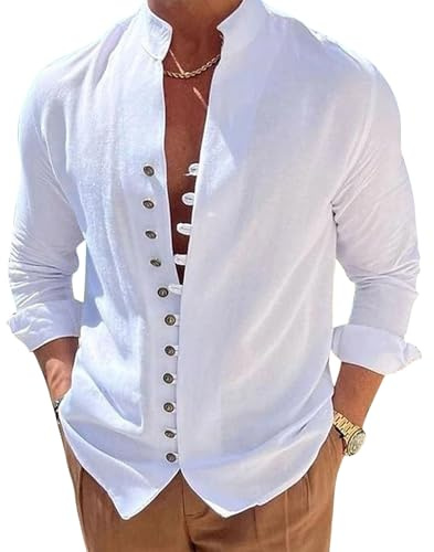 Puimentiua Camisa de Lino para Hombre, Camisa Ligera de Verano de Manga Larga, Camisa Henley de Playa con Cuello Alto