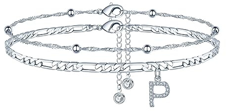 TINGN Fotkedjor för kvinnor, silver 14k förgyllda vristlänk för kvinnor vristlänk med A-Z bokstäver dubbel vristkedja justerbar present till sommar dotter vän syster present, verstellbar, 21.5cm + 5cm