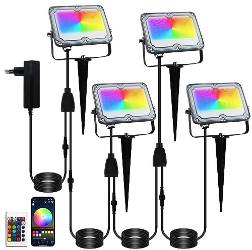 BOSITE RGB LED Strahler 10W, 4 Stück Rgb flutlicht, RGB Außen Strahler IP66 Wasserdichter,rgb LED Gartenbeleuchtung für Hof Garten Baum Landschaft Rasen Weg- (24V)