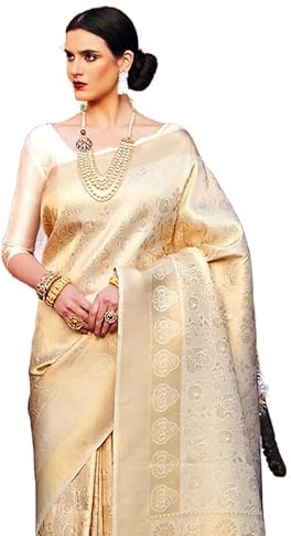 SWORNOF Damen Kanjivaram Seidensari mit gewebtem Zari-Sari mit Blusenteil, Weiss/opulenter Garten, Einheitsgröße