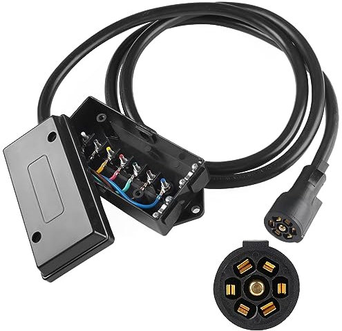 AUTOXBERT 8FT 7 Way Plug Trailer Cord 7-Pole 7 Pin Inline Junction Box Wiring Harness Kit Camper Truck Weather Proof RV Light Plug Socket (with Junction Box)