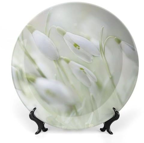 Spring Flower Snowdrop Decorative Plate for Wall Home Wobble-Plate with Display Stand Table Decor Ornament Ceramic Dinner Plate Dessert Dish Holiday Home Decoration 8