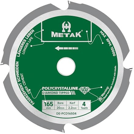 METAK Expert Sägeblatt Faserzement 165x20 mm mit 4 polykristallinen Diamantzähnen(PCD) – Sägeblatt für Faserzementplatten, Eternit, Aquapanel, HardieBacker – inkl. 15.88 mm Adapter