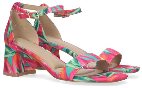 shoes&blues.es 80525-Sandalia de Tacon para Mujer, Comoda, con Pala Fina, y Cierre Ankle Strap de Hebilla, Estampado Multicolor.. Talla 39 Fucsia