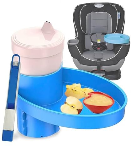 Complete Kids Travel Tray Kit - Easily Expands Cup Holder into 360° Cup & Travel Tray for Kids Car Seat, Booster, and Stroller - Toddler Road Trip Essentials Set Includes Coaster & Brush (Blue)