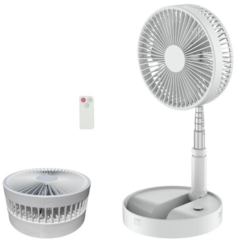 QUALORI Foldable Fan Pedestal for Bedroom, Super Quiet, Portable Fan Rechargeable, Remote Control, for Office, Camping, Adjustable height, Floor and Table Suitable,8, White