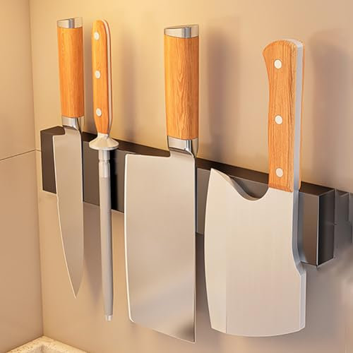 TT-YEC Edelstahlmagnetmesserhalter Mit Extra Starker Magnetmesserhalterstreifen, No-Punch-Einfache Installation Magnetmesserhalter Für Schwere Messer, Grau,30cm