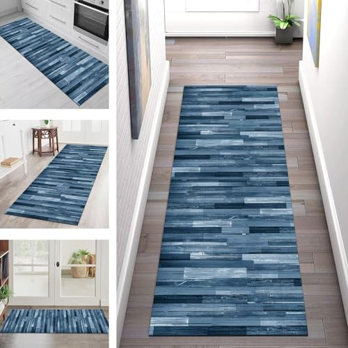 Teppich Läufer Lang Küche Flur Wohnraum Teppichläufer Rutschfest Waschbar Küchenläufer Teppichmatten Blau Rug Vintage 80X200CM Meterware Läufer Flurteppich Wohnzimmer Schlafzimmer Küchenteppich