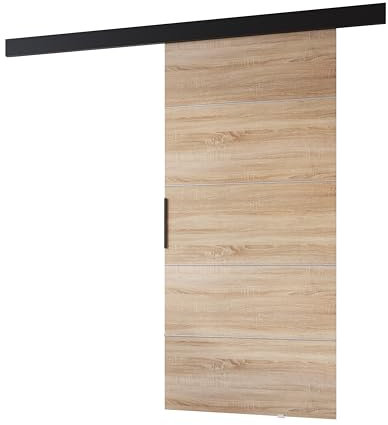 MINIO go for it - Schiebetüren 86 cm, Schiebetür Zimmertür PRIM B, Schiebetürsystem für Zimmer, Dekorative Streifen, Wandmontage, Türe Innen - Silber/Schwarzer Griff, Sonoma Eiche/Schwarz