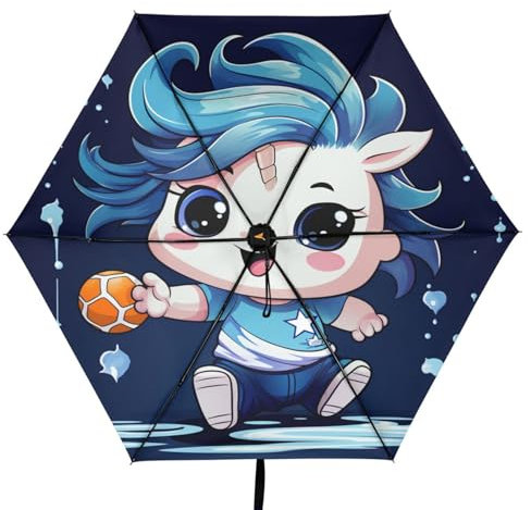 Linnyio Blaues Süßes Cartoon Einhorn Taschenschirm, UV-Schutz, Kompakter Reiseschirm, Sonnenschutz für Jungen und Mädchen