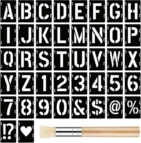 42 Stück Buchstaben Schablone Set mit 3 Bürste, 5 cm Wiederverwendbare Buchstaben Zahlen Zeichen Schablonen Alphabetschablone für Holzschilder Malerei DIY und Handwerk