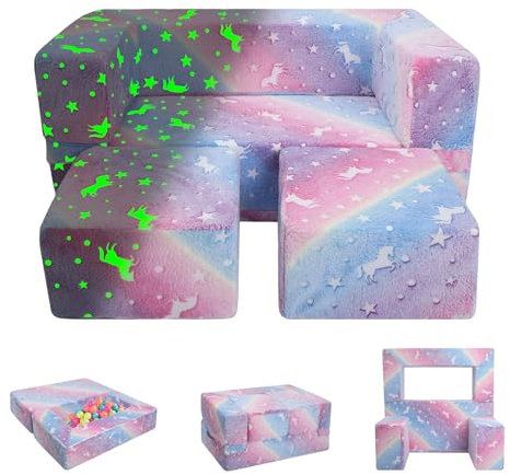Kindersofa Spielsofa für Kinder im Dunkeln Leuchtend, 3-in-1 Kindersessel Ausklappbar mit Schlaffunktion und Stauraum, Kindercouch Modulare Sofa für Kinderzimmer Spielzimmer Geburtstag Einhorn