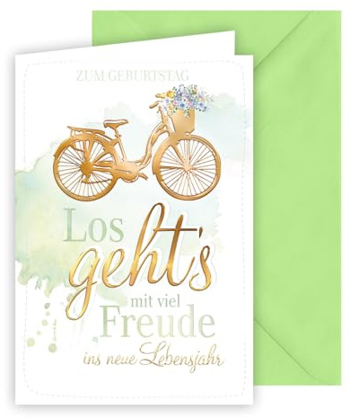 KE - Edle Geburtstagskarte für Frauen und Männer, Format B6, Glückwunschkarte, inklusive Umschlag, Karte mit Prägung und glänzendem Lack, Motiv: Fahrrad, Los geht’s