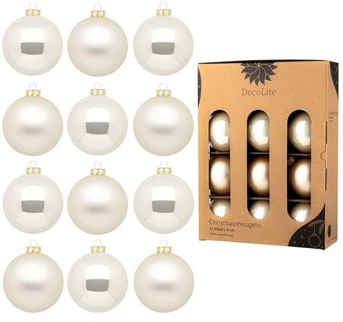 DecoLite Weihnachtskugeln Glas 8 cm, 12er Set, Champagner Matt-Glänzend | 12 Glaskugeln Ø 8 cm, innen echt versilbert, inkl. S-Aufhänger 3,8 cm, plastikfreie Kartonbox
