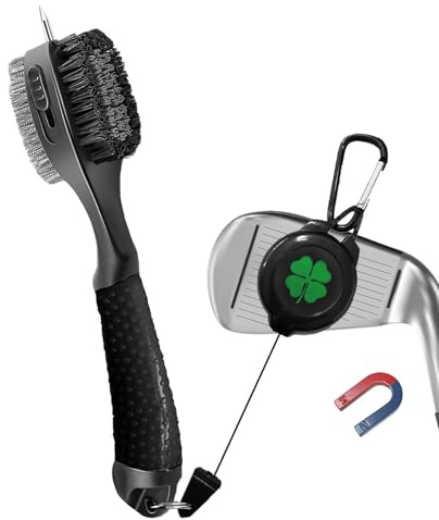 Golfschläger-Reinigungsbürste übergroßer Bürstenkopf, doppelseitige Bürste mit Spieß zur Reinigung von Schlägerrillen einziehbarer Zip-Linien-Clip einfach zu bedienen (Dunkel-mit Magnet Clip)