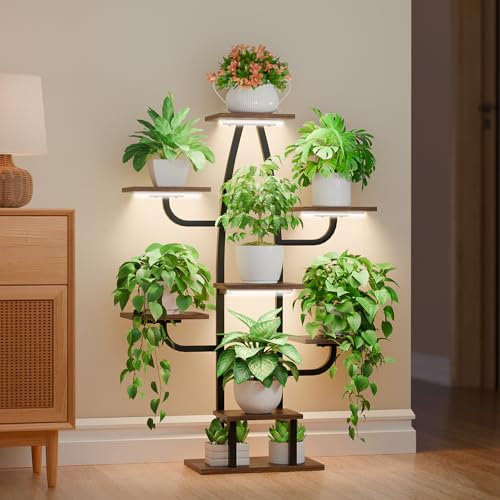 BEVAURORA Support pour plantes d'intérieur avec lampe de croissance – Support de plantes à 8 niveaux pour l'intérieur, étagère d'angle de 109,2 cm avec plusieurs niveaux, support de fleurs de cactus