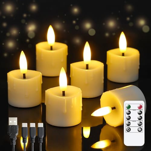 Yeelida Wiederaufladbare Flammenlose 4cm x6.5cm LED Kerzen mit Fernbedienung & Typ-C Ladekabel, Timerfunktion Flackerndes Elfenbein Plastik Packung mit 6 kleinen Kerzen