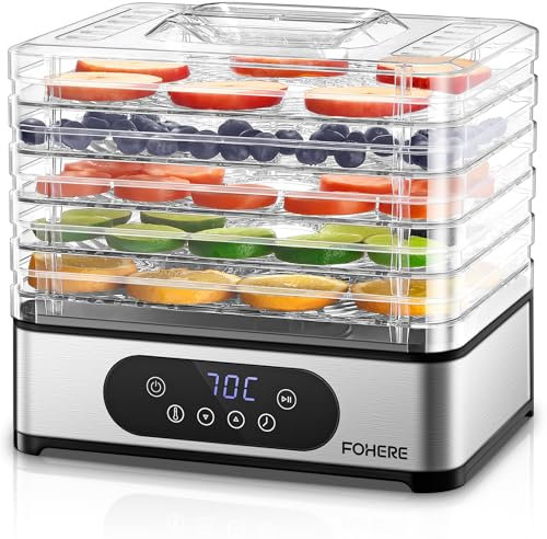 Deshidratador de Alimentos 420W FOHERE, Pantalla LED, Inox Deshidratadora con 5 Bandejas Altura Regulable, Temporizador 30 min a 48 hs, Temperatura 35°-70°, para Frutas, Carnes, Verduras y Hierbas