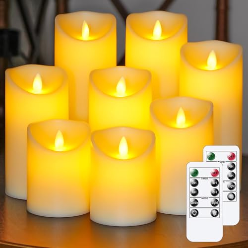 Vtobay Pack de 8 Velas LED sin llama con mecha móvil 7,5cm x10 10 12,5 15 15 17,5 20 20cm con mando a distancia, temporizador de parpadeo Velas de luz cálida de plástico marfil