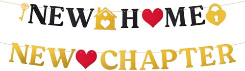 New Home Banner, Black & Gold Glitter New Home New Chapter Banner Backdrop Sign Pre-strung Housewarming Party Decorations for New House Family Party Hanging Decor Supplies