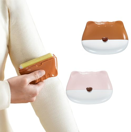 2 Stück Tragbare Waschbare Fusselrolle, Wiederverwendbarer Katzenförmiger Klebriger Fusselroller, Mini Abnehmbarer Tierhaarentferner mit Abdeckung für Kleidung, Möbel, Staub (Pink+Brown)
