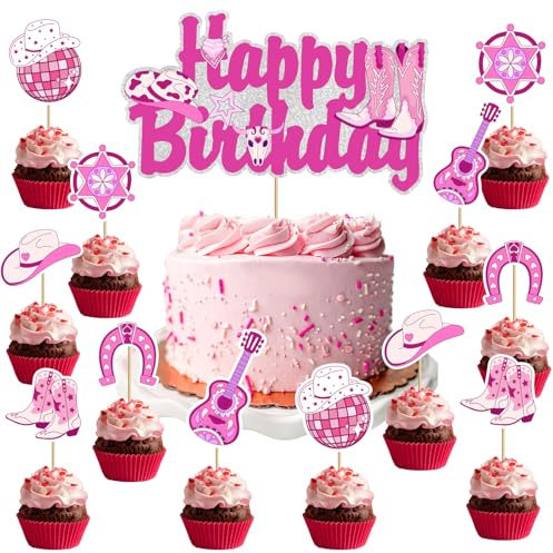 Disco Cowgirl Birthday Cake Topper Cupcake Toppers, Hot Pink Western Cowboy Cowgirl Happy Birthday Cake Cupcake Toppers for Girls Rodeo Birthday Party Decorations Retro Horse Birthday Party Favors