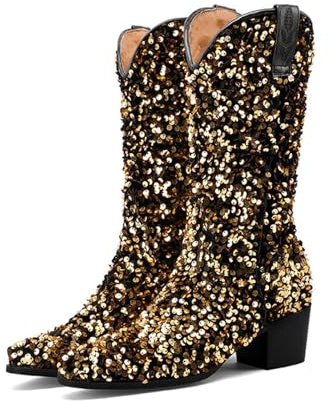 Kniehohe Stiefel mit Pailletten für Damen, klobiger Absatz, zum Hineinschlüpfen, breiter Schaft, mittelhohe Stiefel, Funkelnde Western-Cowboy-Tanzmode, 5 cm,Gold,40 EU