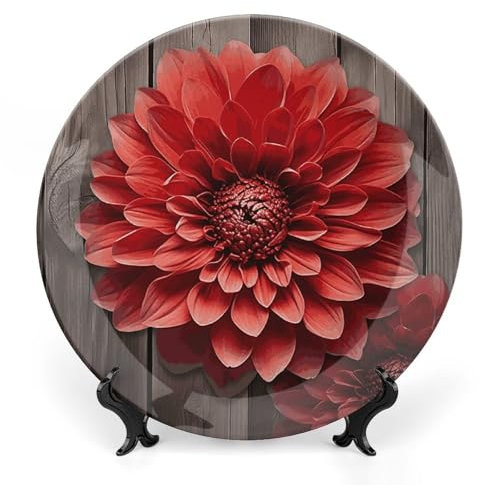LPSADGF Assiettes décoratives en céramique avec motif de dahlia rouge en forme de fleur - Assiettes décoratives pour présentation de style bohème - Assiette en porcelaine pour décoration de la maison