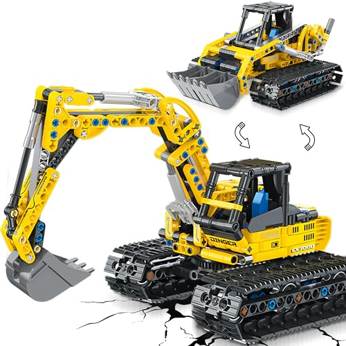 Charmofun 2 in 1 Techink Bagger Bulldozer Bauspielzeugsets, 399 Teile Klemmbausteine Technik ab 6-12 Jahre für Jungen, Klemmbausteine Spielzeug Geschenke für Kinder