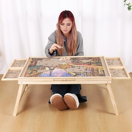 Ruication Jigsaw Puzzle Table Wooden Puzzle Board With Folding Leg 1500 pieces 6 Sliding Drawers Jigsaw Table For Adults Kids Children Boy Girl Gift