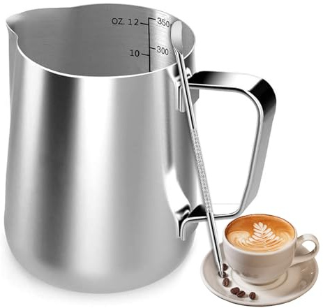 Milk Frothing Pitcher 350ml 12oz, Stainless Steel Milk Jug with Scale Latte Decorating Art Pen, Milk Frother Cup Coffee Machine Accessories for Making Latte Coffee Art, Cappuccino