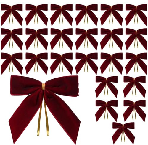 24 Lazos de Terciopelo para árbol de Navidad, Lazos de Terciopelo para Manualidades rústicas, Adorno pequeño para árbol de Navidad para Puerta, Ventana, decoración Interior y Exterior, 3.5 x 3.5