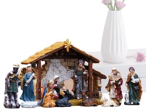 Wooden Nativity Set Indoor - Classic Charm Design Christmas Crib Set | Narrative Scene Building Nativity Scence | Creative Aesthetic Christmas Crib For Workplace, Retail, Fireplace, Entryway, Home