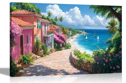 Artley Prints - Paradise Caribbean Coast Sea View Canvas Wall Art Framed Landscape Pictures Contemporary Prints Ready to Hang 76 x 50cm (30 x 20 inches)