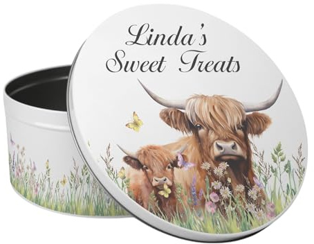 Purely Home Personalised Highland Cow & Calf Large Cake Tin - Countryside Farm Homeware Gifts Round Metal Storage Container for Baking 23 x 10cm