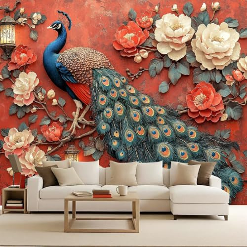 Fotomurale Pavone Carta da parati murale 400x280 cm TNT Murale Zen orientale alla moda Decorazione da Muro XXL Poster Gigante Design Carta per pareti Animali Uccelli