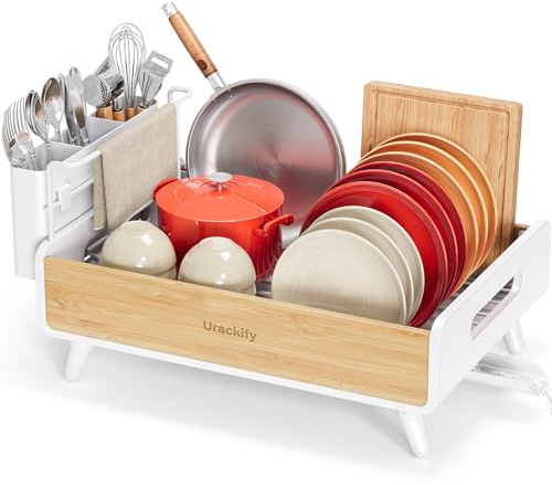 Urackify Dish Drying Rack for Kitchen Counter - Stainless Steel & Bamboo Dish Rack with Large Removable Utensil Holder, Dish Drainer with Adjustable Automatic Spout, White