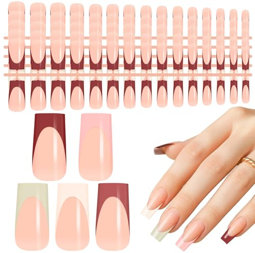 Kiiwah 150 Stück French Press on Nails, 15 Größen Nägel zum Aufkleben Square Soft Gel Fake Nails 5 Farben Künstliche Nägel für Damen Nagelverlängerung (Lang)