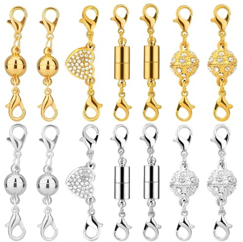 14 PCS Locking Magnetic Clasps for Necklaces, 4 Styles 2 Colors with Heart/Ball & Cylindrical, Extenders Magnetic Necklace Clasps, Closures Layered Clasp for Jewelry Bracelets Anklets(Gold, Silver)