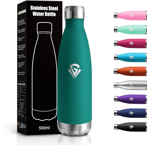 Bottiglia Termica 500ml, Borraccia Acciaio Inox Doppia Parete Isolante, senza BPA Antigoccia Riutilizzabile per Adulti, Scuola, Ufficio, Campeggio, Outdoor