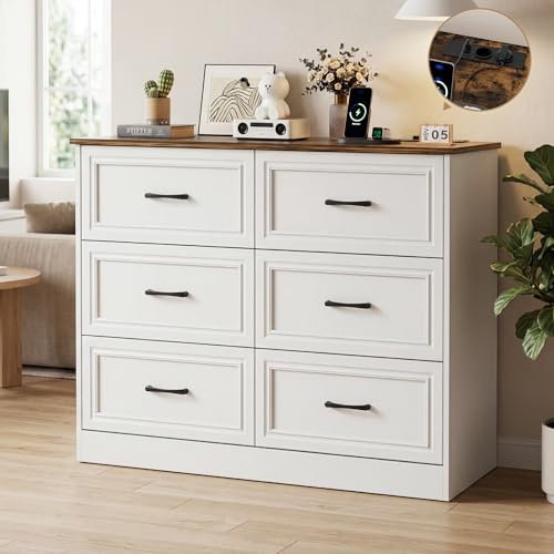 BonVache Kommode mit Steckdosen, Komode mit 6 schubladen, 2 USB & 2 AC-Anschlüssen, Komodenschrank Holz, für Schlafzimmer, Wohnzimmer, Flur, 106 x 81.5 x 39 cm, Braun-Weiß