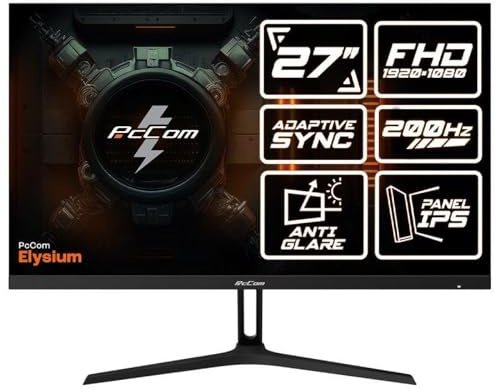 PcCom Elysium Monitor Gaming 27 Pulgadas Fast IPS Full HD 1920x1080, 200Hz, 1ms GTG, Adaptive Sync, HDR, HDMI 2.1, DisplayPort 1.4, VESA, Monitor para PC Gaming Competitivo