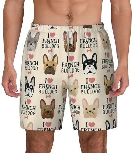 ASFgda Traje de baño con estampado de bulldog francés para hombre, de secado rápido, pantalones cortos de playa, forro de malla con bolsillos para surf en la playa, blanco, XXL