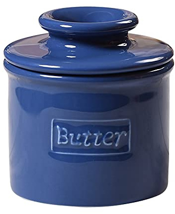 Butter Bell Crock by L. Tremain French Ceramic Butter Keeper, Royal Blue | Café pattern crock in a glossy finish. Water seal keeps butter fresh & spreadable—no refrigeration needed.