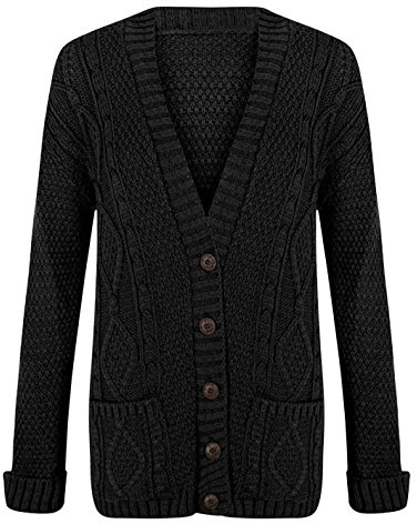 Purple Hanger New Womens Everyday Long Sleeve Button Top Ladies Chunky Aran Cable Knit Grandad Cardigan (12-14 ML, Black)