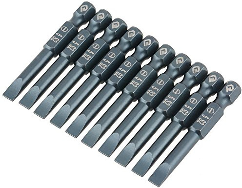 Puntas de Destornillador Ranuradas SL5 Magnéticas 1/4 Pulgadas Juego de 10, Mango Hexagonal, Cabeza Plana, Acero S2, 50mm